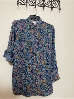 intro. Multicolor Blue Geometric Print Button-Down Shirt